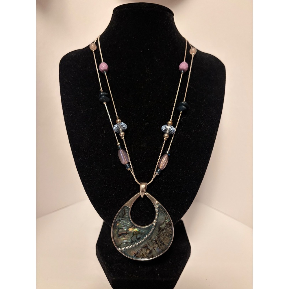 Abalone Shell Teardrop Pendant Beaded Multi Strand Necklace Silver Tone Purple